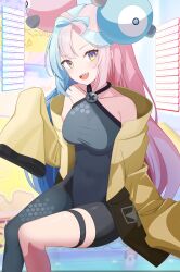 Rule 34 | 1girl, absurdres, aventador, bare shoulders, blue eyes, breasts, creatures (company), game freak, highres, iono (pokemon), jacket, looking at viewer, medium breasts, multicolored hair, nintendo, pink hair, pokemon, pokemon sv, sitting, smile, solo, two-tone hair, yellow jacket