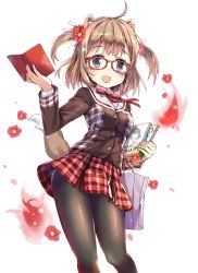 Rule 34 | 1girl, :d, ahoge, animal ears, bag, black pantyhose, blue eyes, blush, book, breasts, brown hair, brown jacket, collared shirt, dog ears, dog girl, dog tail, fingernails, fire, flower, glasses, hair flower, hair ornament, hair ribbon, holding, holding book, jacket, jin young-in, long sleeves, medium breasts, official art, open book, open mouth, original, pantyhose, plaid, plaid skirt, pleated skirt, red-framed eyewear, red flower, red skirt, ribbon, school uniform, shirt, shopping bag, skirt, smile, solo, tail, two side up, white background, white ribbon, white shirt