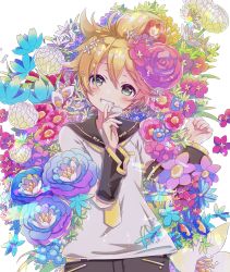 Rule 34 | 1boy, blonde hair, blush, chrysanthemum, colorful, commentary, detached sleeves, finger to mouth, flower, flower request, green eyes, hekicha, highres, holding, holding flower, kagamine len, lily (flower), looking at viewer, lying, male focus, on back, peony (flower), petals, poppy (flower), sailor collar, shirt, short hair, short sleeves, smile, solo, upper body, vocaloid, white shirt