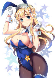 Rule 34 | 1girl, animal ears, areola slip, bare shoulders, black pantyhose, blonde hair, blue eyes, blue leotard, blush, breasts, brown pantyhose, cleavage, covered navel, detached collar, double bun, fake animal ears, fletcher (kancolle), gloves, hair bun, hands up, highleg, highleg leotard, kantai collection, kyogoku shin, large breasts, leotard, light smile, long hair, looking at viewer, neckerchief, pantyhose, playboy bunny, rabbit ears, shiny skin, sideboob, smile, solo, star (symbol), strapless, strapless leotard, thigh strap, white gloves, wrist cuffs