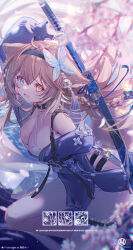 Rule 34 | 1girl, :d, black hairband, blue eyes, blush, bra, breasts, brown hair, butterfly hair ornament, choker, gesture request, hair between eyes, hair ornament, hairband, heterochromia, highres, holding, holding sword, holding weapon, large breasts, long hair, long sleeves, looking at viewer, looking to the side, open mouth, original, single thighhigh, smile, solo, sword, thighhighs, thighs, umehara sei, underwear, very long hair, weapon, white bra, white thighhighs, yellow eyes