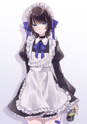 Rule 34 | 1girl, absurdres, alternate costume, apron, arurun mm, bandaid, black hair, blue eyes, blue ribbon, blush, dress, enmaided, frilled apron, frilled dress, frills, grin, hair ribbon, highres, legs, long sleeves, looking at viewer, maid, maid apron, maid day, maid headdress, original, ribbon, shadow, short hair, sidelocks, simple background, smile, solo, standing, thighs, white background