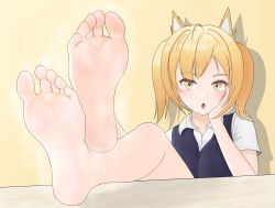 Rule 34 | 1girl, animal ears, arknights, artist request, barefoot, blonde hair, feet, foot focus, highres, looking at viewer, medium hair, open mouth, smell, soles, solo, sora (arknights), toes, yellow eyes