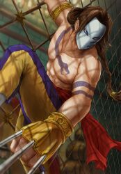 Rule 34 | 1boy, abs, absurdres, arm tattoo, armlet, blue eyes, blurry, blurry background, braid, brown hair, chain-link fence, chest tattoo, claw (weapon), commentary request, covered face, covered mouth, feet out of frame, fence, gold, gold armlet, hair intakes, highres, indoors, kaib0y, long hair, looking down, male focus, mask, multicolored pants, pants, purple pants, red sash, sash, snake tattoo, solo, street fighter, street fighter ii (series), tattoo, toned, toned male, topless male, two-tone pants, vega (street fighter), weapon, yellow pants
