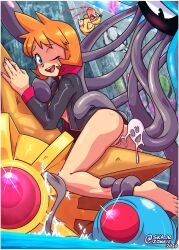 Rule 34 | 1girl, anus, ass, blush, breasts, cowboy shot, creatures (company), game freak, gen 1 pokemon, green eyes, highres, jacket, legs, medium breasts, misty (pokemon), nintendo, nipples, one eye closed, open clothes, open jacket, open mouth, orange hair, pokemon, pokemon hgss, psyduck, pussy, simple background, skajrzombie, smile, solo, standing, staryu, swimsuit, tentacle sex, tentacles, tentacool, tentacruel, thighs, water, white jacket, wink