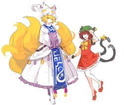 Rule 34 | 2girls, animal ears, animal hat, bell, blonde hair, blush, bow, cat ears, cat tail, chen, commentary request, crossed arms, earrings, eating, fluffy, fox tail, full body, hands in opposite sleeves, hat, ideolo, jewelry, kitsune, kyuubi, long sleeves, mary janes, mob cap, multiple girls, multiple tails, red footwear, ribbon, shoes, short hair, simple background, single earring, sketch, socks, standing, surcoat, tabard, tail, tail ornament, tail ribbon, tassel, touhou, touhou ayaria epic, white background, wide sleeves, yakumo ran, yellow bow, yellow ribbon
