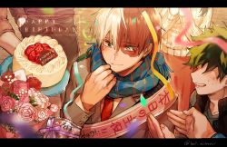 Rule 34 | 1girl, 1other, 4boys, absurdres, bell mitarasi, birthday, birthday sash, blue eyes, blurry, blurry foreground, blush, boku no hero academia, bouquet, burn scar, cake, casual, confetti, depth of field, english text, flower, food, fruit, gift, hair between eyes, happy birthday, happy tears, heterochromia, highres, letterboxed, light blush, long bangs, male focus, midoriya izuku, mixed-language text, multicolored hair, multiple boys, out of frame, red hair, sash, scar, scar on face, scarf, school uniform, short hair, shoulder sash, smile, solo focus, split-color hair, strawberry, streamers, tears, todoroki shouto, two-tone hair, u.a. school uniform, watery eyes, white hair