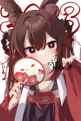 Rule 34 | 1girl, absurdres, alternate costume, alternate hairstyle, animal ear fluff, animal ears, artist name, black nails, boo tao (genshin impact), brown hair, chinese clothes, closed mouth, commentary request, flower-shaped pupils, genshin impact, gradient hair, hair between eyes, hand fan, hands up, hanfu, highres, holding, holding fan, hu tao (genshin impact), kemonomimi mode, long hair, long sleeves, looking at viewer, multicolored hair, poteo, rabbit ears, red eyes, red hair, ruqun, simple background, smile, symbol-shaped pupils, upper body, white background