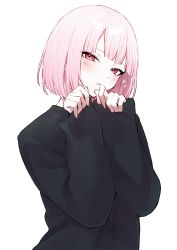 Rule 34 | absurdres, aneco (westsea1227), black sweater, blunt bangs, blush, bob cut, half-closed eyes, highres, hololive, hololive english, looking at viewer, mori calliope, own hands together, pale skin, pink hair, red eyes, short hair, simple background, star (symbol), sweater, virtual youtuber, white background