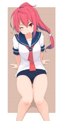 Rule 34 | 1girl, ;d, blush, brown background, feet out of frame, hair ribbon, i-168 (kancolle), kantai collection, kugui kiyunemu, long hair, necktie, one eye closed, open mouth, pink hair, ponytail, red eyes, red necktie, ribbon, school swimsuit, school uniform, serafuku, short sleeves, sitting, smile, solo, swimsuit, thighs, two-tone background, white ribbon