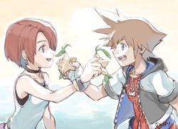 Rule 34 | 1boy, 1girl, blue eyes, breasts, brown hair, commentary request, gloves, jewelry, kairi (kingdom hearts), kingdom hearts, kingdom hearts i, nanpou (nanpou0021), necklace, open mouth, red hair, short hair, smile, sora (kingdom hearts)