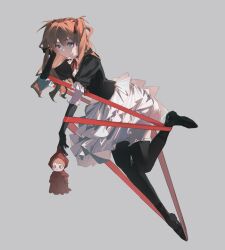 Rule 34 | 1girl, ankle lace-up, black footwear, black gloves, black thighhighs, blue eyes, bow, bowtie, brown hair, cross-laced footwear, doll, eliza 804, entangled, foot up, frilled sleeves, frilled thighhighs, frills, full body, gloves, grey background, hair ribbon, hand up, head rest, highres, holding, holding doll, layered skirt, long hair, looking at viewer, maid, neon genesis evangelion, orange hair, plantar flexion, red bow, red bowtie, red ribbon, ribbon, shirt, shoes, short sleeves, simple background, skirt, solo, souryuu asuka langley, thighhighs, white shirt