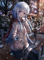 Rule 34 | 1girl, absurdres, bench, black skirt, black thighhighs, blue eyes, blush, can, coat, dfd, enpera, hair between eyes, hibiki (kancolle), highres, holding, holding can, kantai collection, long hair, long sleeves, open clothes, open coat, open mouth, pleated skirt, red scarf, scarf, silver hair, sitting, skirt, snow, solo, thighhighs, white coat