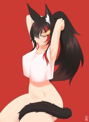 Rule 34 | 1girl, absurdres, adjusting hair, alternate costume, alternate hairstyle, animal ear fluff, animal ears, armpits, arms behind head, arms up, artist logo, artist name, black hair, bottomless, breasts, brown hair, casual, commentary, crop top, crop top overhang, gradient hair, hair ornament, hair tie in mouth, hair up, half-closed eyes, high ponytail, highres, hololive, invisible floor, kijikoru, large breasts, long hair, looking at viewer, mouth hold, multicolored hair, navel, no panties, ookami mio, ponytail, red background, shirt, sidelocks, simple background, sitting, solo, streaked hair, tail, tail wrap, tank top, thighs, very long hair, virtual youtuber, white shirt, wolf ears, wolf tail, yellow eyes
