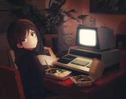 Rule 34 | 1girl, artist request, bag, brown hair, chinese food, computer, crt, highres, source request