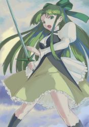 Rule 34 | 1girl, black socks, bow, fia (riviera), frilled skirt, frills, green bow, green eyes, green hair, green skirt, hair bow, hair intakes, holding, holding sword, holding weapon, juliet sleeves, kneehighs, legs apart, long hair, long sleeves, open mouth, puffy sleeves, riviera, skirt, socks, solo, sword, vaison, weapon