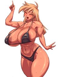 Rule 34 | 1girl, areola slip, bikini, blonde hair, breasts, curvy, closed eyes, highres, huge breasts, inverted nipples, large areolae, long hair, open mouth, sashizume soutarou, smile, solo, sweat, swimsuit, thick thighs, thighs, wide hips