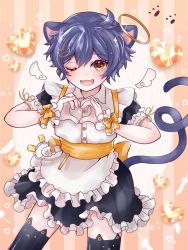 Rule 34 | 0lban, 1boy, angel wings, animal ears, cat boy, cat ears, cat tail, commission, commissioner upload, fang, halo, heart, heart hands, highres, indie virtual youtuber, maid, maid headdress, mini wings, one eye closed, open mouth, orange eyes, purple hair, short hair, skin fang, solo, tail, tendonmeen, virtual youtuber, wings