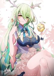 Rule 34 | 1girl, antlers, apple, braid, braided bangs, branch, brooch, ceres fauna, cleavage cutout, clothing cutout, dress, flower, food, fruit, golden apple, green hair, green nails, hair flower, hair ornament, hair over one eye, highres, hololive, hololive english, horns, jewelry, looking at viewer, mole, mole under eye, nail polish, namishiron, petals, ribbon, rose, smile, virtual youtuber, yellow eyes
