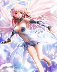 Rule 34 | 1girl, armpits, bad id, bad pixiv id, bare shoulders, barefoot, breasts, center opening, choker, cleavage, feathers, halo, highres, ikaros, kanchiyo, large breasts, long hair, navel, parted lips, pink hair, red eyes, smile, solo, sora no otoshimono, very long hair, wings