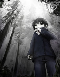Rule 34 | 1boy, black eyes, black hair, black jacket, blood, blood on rags, blue pants, breath, bush, buttons, child, commentary, cowboy shot, forest, grey theme, highres, holding, holding cloth, jacket, looking at viewer, looking down, male focus, nature, nekonekosan (kemushima3), original, outdoors, pants, plant, pliers, short hair, solo, tree