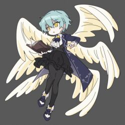 Rule 34 | 1girl, angel wings, angela (project moon), bbunny, black pantyhose, black skirt, black vest, blue coat, blue footwear, blue hair, book, coat, collared shirt, grey background, holding, holding book, library of ruina, long sleeves, multiple wings, pantyhose, project moon, seraph, shirt, short hair, skirt, solo, vest, white shirt, white wings, wings, yellow eyes