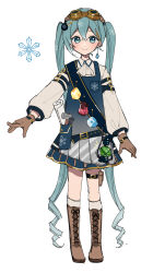 1girl absurdres aqua_eyes aqua_hair ascot belt belt_buckle blue_gemstone boots brown_footwear brown_gloves buckle closed_mouth commentary_request cross-laced_footwear crossed_bangs dot_nose dress earrings gem gloves goggles goggles_on_head green_gemstone hair_between_eyes hammer hatsune_miku highres jewelry kneehighs lace-up_boots long_sleeves looking_at_viewer nail_(hardware) paper pen_behind_ear pencil pinafore_dress pocket puffy_long_sleeves puffy_sleeves red_gemstone rolled_up_paper sazanami_(ripple1996) shirt single_earring sleeveless sleeveless_dress smile socks solo standing straight-on thigh_strap twintails vocaloid white_ascot white_background white_shirt yellow_gemstone yuki_miku yuki_miku_(2025)_(applicant)