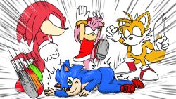 Rule 34 | 1girl, 3boys, amy rose, animal ears, animal nose, bikkuri moon, blank eyes, blue spine, closed mouth, commentary, emphasis lines, eyelashes, fox boy, fox ears, fox tail, furry, furry female, furry male, gloves, green eyes, hedgehog ears, highres, in-franchise crossover, jojo no kimyou na bouken, kicking, knuckles the echidna, large shoes, multiple boys, on ground, parody, red footwear, shoes, smile, sneakers, sonic (live action), sonic (series), sonic the hedgehog, sonic the hedgehog (film), tail, tails (sonic), violence, white gloves