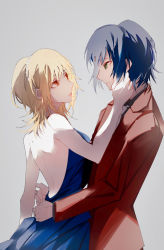 Rule 34 | 1boy, 1girl, athrun zala, backless dress, backless outfit, bare arms, bare back, blonde hair, blue dress, blue hair, cagalli yula athha, closed mouth, couple, dress, evening gown, eye contact, green eyes, gundam, gundam seed, hetero, highres, jacket, kimven (wenzisama), long sleeves, looking at another, medium hair, orange eyes, parted lips, red jacket, short hair, shoulder blades, sleeveless, sleeveless dress