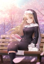 Rule 34 | 1girl, :d, bench, black dress, black socks, blush, book, breasts, brown eyes, brown hair, cape, cat, cherry blossoms, commentary request, dress, feet out of frame, gloves, habit, highres, holding, holding book, kirifrog, kneehighs, long hair, long sleeves, looking at viewer, medium breasts, neck ribbon, nijisanji, nun, open mouth, outdoors, petals, ribbon, sister claire, sister claire (1st costume), sitting, smile, socks, tree, virtual youtuber, white cape, white cat, white gloves, white ribbon