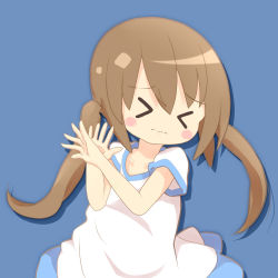 Rule 34 | &gt; &lt;, 1girl, 22m, blue background, blush, blush stickers, brown hair, character request, collarbone, copyright request, dress, closed eyes, female focus, hands up, short sleeves, simple background, solo, standing, twintails, wavy mouth, white dress