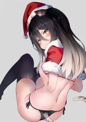 Rule 34 | 1girl, animal ears, ass, back, bikini, black bikini, black hair, black thighhighs, capelet, christmas, commentary, from behind, fur trim, gradient hair, grey background, hair between eyes, hat, highres, knees up, kure (kure ng), long hair, looking at viewer, looking back, multicolored hair, princess connect!, santa hat, shiori (princess connect!), side-tie bikini bottom, simple background, sitting, solo, string bikini, swimsuit, tail, thighhighs, thighs, tiger ears, tiger girl, tiger tail, yellow eyes