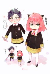 Rule 34 | 1boy, 1girl, anya (spy x family), black dress, black hair, blush, brown eyes, child, clenched hands, damian desmond, dress, eden academy school uniform, frown, green eyes, hairpods, highres, mop, pikopukox, pink hair, school uniform, serious, spy x family, sweat, translation request, twitter username, v-shaped eyebrows