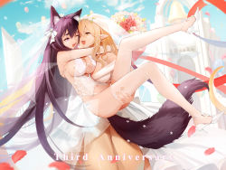 Rule 34 | 2girls, ;d, animal ear fluff, animal ears, ass, bare arms, bare shoulders, bell, blue sky, bouquet, breasts, bridal veil, brown eyes, brown hair, carrying, church, cleavage, cloud, commentary request, day, dress, elf, english text, flower, fox ears, fox girl, garter straps, hair between eyes, hair ribbon, high heels, hug, kisero (kyuri tizu), kyuri tizu, large breasts, leg up, lingerie, long hair, looking at another, monster girl, multiple girls, one eye closed, open mouth, original, outdoors, pointy ears, purple eyes, purple hair, ribbon, scylla, sidelocks, sky, smile, syrene (kyuri tizu), tail, thick eyebrows, thighhighs, underwear, veil, very long hair, wedding, wedding dress, white dress, white footwear, white legwear, wolf ears, wolf tail, yuri