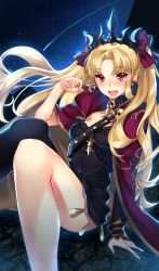 Rule 34 | &gt;:), 1girl, :d, arm support, bare legs, black dress, black thighhighs, blonde hair, blush, bow, breasts, candy, cape, chocolate, chocolate heart, dress, earrings, ereshkigal (fate), falling star, fate/grand order, fate (series), food, gold trim, hair bow, hair ribbon, heart, highres, jewelry, knee up, long hair, looking at viewer, night, night sky, open mouth, outdoors, pantsu (lootttyyyy), parted bangs, purple bow, purple cape, red cape, red eyes, red ribbon, ribbon, round teeth, shooting star, short dress, single thighhigh, sitting, skull, sky, small breasts, smile, solo, star (sky), starry sky, strapless, strapless dress, teeth, thighhighs, tiara, tohsaka rin, twintails, very long hair