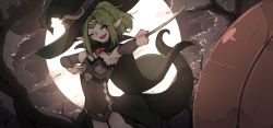 Rule 34 | 1girl, :d, absurdres, armpits, bare tree, blush, braid, brown cape, brown hat, brown nails, cape, covered navel, cowboy shot, detached sleeves, dutch angle, fangs, female focus, flat chest, foreshortening, full moon, green hair, hat, highres, holding, holding wand, kyva yamaito (shuuko), moon, night, one eye closed, open mouth, original, outdoors, parted bangs, pointy ears, ponytail, red eyes, shuuko (s h uuko), smile, snake tail, solo, standing, tail, teeth, tree, upper teeth only, wand, witch hat