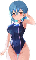 Rule 34 | 1girl, absurdres, blue hair, blue one-piece swimsuit, blush, breasts, brown eyes, collarbone, competition swimsuit, crossed bangs, earrings, female focus, hair between eyes, happy birthday, highres, jewelry, large breasts, looking at viewer, love live!, love live! superstar!!, mayocha2192, one-piece swimsuit, short hair, simple background, standing, swimsuit, wakana shiki, white background