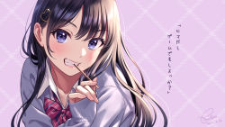 Rule 34 | 1girl, black hair, blue eyes, bow, collared shirt, dated, diagonal-striped bow, food, food in mouth, grey sweater, grin, hair ornament, heart, heart hair ornament, highres, long hair, long sleeves, looking at viewer, morikura en, mouth hold, nail polish, original, pink nails, pocky, purple background, red bow, school uniform, shirt, signature, sleeves past wrists, smile, solo, sweater, translation request, upper body, valentine, very long hair, white shirt