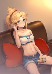 Rule 34 | 1girl, @ @, bad id, bad pixiv id, bare arms, bare shoulders, beer can, belt, belt buckle, blonde hair, blue shorts, blush, breasts, buckle, can, cleavage, cleavage cutout, clothing cutout, collarbone, commentary request, couch, cutoffs, denim, denim shorts, drink can, drooling, drunk, fate/grand order, fate (series), green eyes, hair ornament, hair scrunchie, hand in own hair, holding, holding can, long hair, looking at viewer, medium breasts, mogullaz, mordred (fate), mordred (fate/apocrypha), mordred (memories at trifas) (fate), navel, nose blush, on couch, parted bangs, parted lips, pillow, ponytail, scrunchie, shorts, sitting, solo, spread legs, stomach, strapless, sweat, tube top, v-shaped eyebrows
