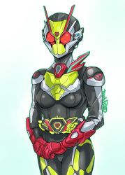 Rule 34 | 1girl, antennae, armor, belt, blue background, breasts, highres, humagear headphones, huujyu, is (kamen rider 01), kamen rider, kamen rider 01 (series), kamen rider zero-two, mask, own hands together, red eyes, rider belt, signature, solo
