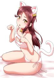 Rule 34 | 1girl, :o, animal ears, bell, neck bell, blush, bra, cat cutout, cat day, cat ear panties, cat ears, cat hair ornament, cat lingerie, cat tail, choker, clothing cutout, frilled bra, frills, hair ornament, hairclip, highres, jingle bell, long hair, looking at viewer, love live!, love live! sunshine!!, meme attire, panties, paw pose, red choker, red hair, sakurauchi riko, side-tie panties, sitting, solo, stomach, tail, underwear, underwear only, white background, white bra, white panties, yellow eyes, yopparai oni