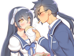 Rule 34 | 1boy, 1girl, black-framed eyewear, blazer, blue hair, blue jacket, blue neckwear, blush, bow, bread, closed eyes, collarbone, collared shirt, couple, floating hair, folks (nabokof), food, food in mouth, from side, glasses, hair bow, jacket, long hair, long sleeves, looking at another, melon bread, necktie, official alternate costume, open clothes, open jacket, profile, rokurou rangetsu, shirt, simple background, straight hair, tales of (series), tales of berseria, velvet crowe, very long hair, white background, white bow, white shirt, wing collar, yellow eyes