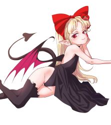 Rule 34 | 1girl, alternate costume, bare shoulders, bat wings, black dress, black thighhighs, blonde hair, bow, closed mouth, commentary request, dress, elis (touhou), facial mark, flower, hair bow, hair flower, hair ornament, hairband, hand on own chin, head rest, long hair, looking at another, lying, nose, on side, pointy ears, red bow, red eyes, red hairband, s-a-murai, smile, solo, star (symbol), tail, thighhighs, touhou, touhou (pc-98), white background, wings