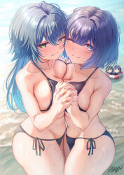 2girls ;) absurdres asymmetrical_docking beach bikini black_bikini breast_press breasts character_doll collarbone commentary_request gakuen_idolmaster green_hair groin hair_flaps halterneck hand_grab hataya_misuzu highres idolmaster interlocked_fingers large_breasts lifebuoy long_hair misanga_(hxjd5354) mole mole_under_mouth multiple_girls navel one_eye_closed outdoors purple_hair short_hair side-tie_bikini_bottom signature smile stomach string_bikini sweat sweatdrop swim_ring swimsuit tsukimura_temari very_long_hair