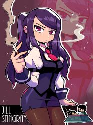 Rule 34 | 1girl, absurdres, bartender, black cat, cat, cigarette, closed mouth, dot mouth, fore, furrowed brow, highres, jill stingray, kotatsu, looking at viewer, miniskirt, necktie, pantyhose, purple hair, purple skirt, purple vest, rariatto (ganguri), red eyes, red neckwear, revision, shirt, skirt, smoke, table, twintails, va-11 hall-a, vest, white shirt