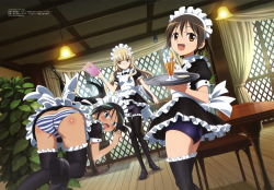 Rule 34 | 3girls, :d, absurdres, ass, bent over, black hair, blonde hair, blue eyes, blush, brown eyes, brown hair, chair, dark-skinned female, dark skin, drink, francesca lucchini, glasses, highres, legs, long hair, looking at viewer, maid, maid headdress, megami deluxe, megami magazine, miyafuji yoshika, multiple girls, official art, one-piece swimsuit, open mouth, panties, panties under pantyhose, pantyhose, perrine h. clostermann, sawada jouji, school swimsuit, smile, strike witches, striped clothes, striped panties, swimsuit, swimsuit under clothes, thighhighs, twintails, underwear, waitress, world witches series, yellow eyes