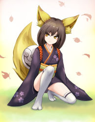 Rule 34 | &gt;:&lt;, 1girl, :&lt;, animal ears, autumn leaves, brown hair, closed mouth, eyeliner, floral print, fox ears, fox tail, full body, japanese clothes, kimono, kneeling, long sleeves, looking away, makeup, obi, on one knee, original, over-kneehighs, sash, sleeves past wrists, solo, sunao (70 the), tail, thighhighs, v-shaped eyebrows, white thighhighs, wide sleeves, yellow eyes