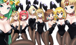 Rule 34 | 6+girls, alternate costume, animal ears, annoyed, backpack, bag, black gloves, black legwear, black leotard, blonde hair, blue eyes, blunt bangs, bob cut, bow, bowtie, breasts, brown eyes, brown hair, cleavage, clueless, company connection, cowboy shot, detached collar, elbow gloves, embarrassed, female focus, gloves, green eyes, green hair, grin, hand on own hip, highleg, highleg leotard, kid icarus, kid icarus uprising, large breasts, legs, leotard, long hair, looking at viewer, mario (series), matching outfits, medium breasts, metroid, multiple girls, mythra (xenoblade), nervous, nintendo, palutena, pantyhose, parted bangs, playboy bunny, ponytail, princess daisy, princess peach, princess zelda, pyra (xenoblade), rabbit ears, rabbit tail, red bow, red bowtie, red hair, rosalina, samus aran, short hair, simple background, smile, standing, strapless, strapless leotard, super mario land, super smash bros., swept bangs, tail, the legend of zelda, the legend of zelda: a link between worlds, thighs, very long hair, white background, wrist cuffs, xenoblade chronicles (series), xenoblade chronicles 2, zetsuei (zetto)