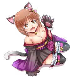 Rule 34 | 10s, 1girl, animal ears, animal hands, bell, black dress, black thighhighs, bow, breasts, brown eyes, brown hair, cat ears, cat tail, cleavage, collar, commentary, dress, frilled thighhighs, frills, full body, girls und panzer, gloves, hair bow, halloween costume, highres, jack-o&#039;-lantern, kemonomimi mode, kitayama miuki, leaning to the side, medium breasts, neck bell, nishizumi miho, off shoulder, open mouth, paw gloves, pleated dress, sash, short dress, short hair, simple background, sitting, smile, solo, tail, thighhighs, white background, yokozuwari