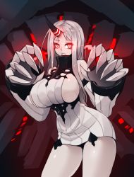 Rule 34 | 1girl, abyssal ship, bare shoulders, breasts, claws, colored skin, detached sleeves, dress, glowing, glowing eyes, hands up, highres, horns, kantai collection, large breasts, long hair, looking at viewer, open mouth, red eyes, ribbed dress, seaport princess, short dress, sideboob, silver hair, single horn, solo, standing, sub-res, white skin